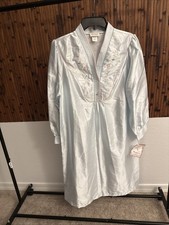 Vtg Barbizon Long Sleeve Embroidered Nightgown Blue Satin Robe House Dress M NWT