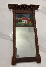 Antique Federal Period Reverse Painting On Glass Split Mirror Acorns Wood Frame