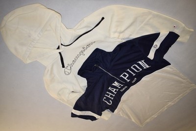 Champion Pullover T-Shirt Sweater Sweat Kapuze Hoodie Spellout Retro Weiß Blau S