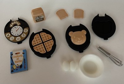 Dollhouse Miniatures Kitchen Waffle Maker, Cookbook, Flour, Eggs, Toast, Etc