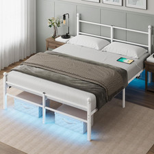 Queen Size Bed Frame with Headboard - Metal Platform Bed with LED Lights, Chargi