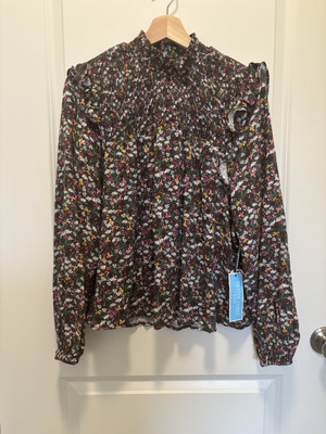 Draper James RSVP Long Sleeve Floral Print Smocked Ruffle Top Size 1X High Neck