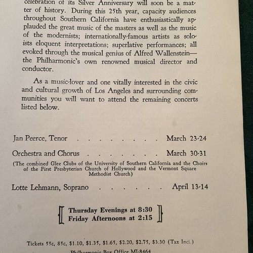 RARE 1943-44 Program LA PHILHARMONIC ORCHESTRA PROGRAM JAN PEERCE LOTTE LEHMANN - Afbeelding 4 van 5