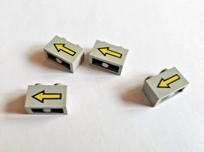 LEGO 3004p01 Brick 1 x 2 with Yellow Left Arrow;  Light Gray; 4 Stück