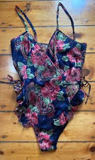 Vtg VICTORIA'S SECRET Navy SHEER FLORAL TEDDY Small S Romper Flutter Gold Label