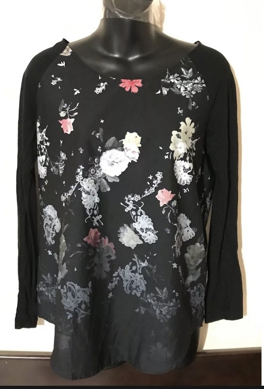 French Connection Womens Black Floral Long Knit Sleeve Blouse Top Size S