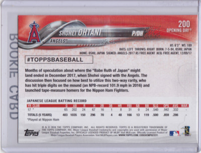SHOHEI OHTANI Topps Opening Day ANGELS ROOKIE CARD Anaheim