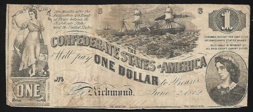 Confédéré Currency - Un Dollar Note - 1862 - Fin / VF