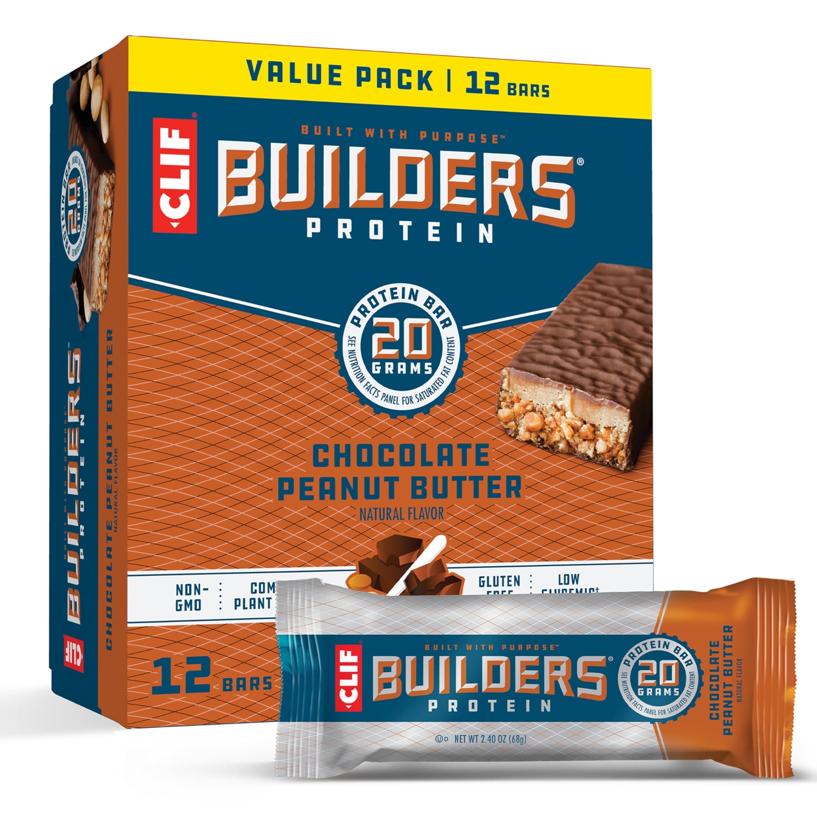 CLIF Builders - Chocolate Peanut Butter Flavor - Plant Based Protein Bars - G...
