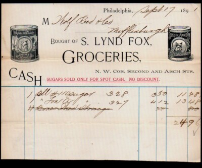 The Rarest Grosseries 1891 Philadelphia - S Lynd Fox - Groceries - History Rare Letter Head ...