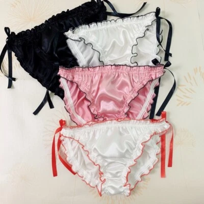 Satin Höschen Seidige Unterwäsche Schlüpfer Unterhose Spitze Rüschen Sexy Lolita - Bild 1 von 4