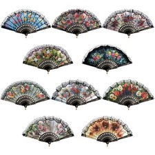 10 Pack Spanish Floral Folding Hand Fan with Plastic Side, Vintage Handheld