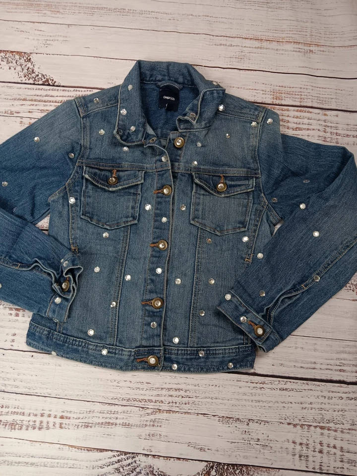 Gapkids Denim Jacket Girls X-Large Black Rhinestones Button Up Long Sleeve - Image 2 of 4