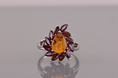 Sterling Silver Red Carnelian Teardrop Garnet Accented Band Ring STS 925 Sz: 7