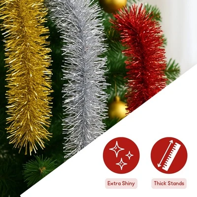 CALIKO 2M,50FT Tinsel Chunky Christmas Tree Decoration Home Garland 3Pk Red Silver Gold