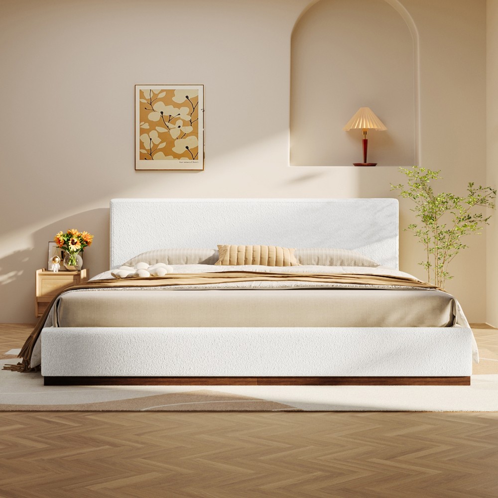 Elegant Fabric Upholstered Bed w Nice Wood Grain Textured So