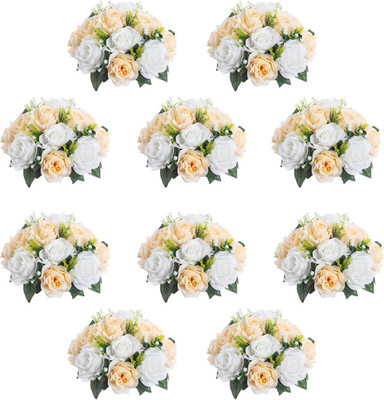 Champagne & White 10Pcs Artificial Flower Ball Bouquet for Weddings & Decor