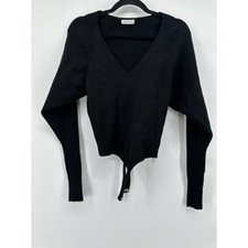 Good American Black Ribbed V-Neck Long Sleeve Thong Bodysuit Top