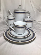 6 Noritake Cups, Saucers , Bread Plates , Sugar And Creamer  Blue Dawn 6611