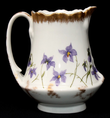 Antique J. Pouyat LIMOGES HP Porcelain Pitcher, Violets & Gilding 5.5'' Tall EPOC
