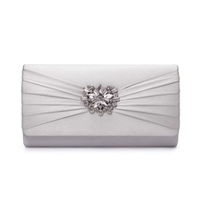 M102 Silver Evening Bags For Women Pleated Satin Rhinestone Brooch Prom Clutc...