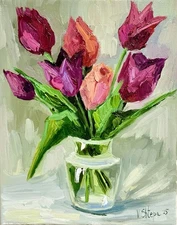 Tulips Flowers Blooming Painting Original Floral Oil  Still life Art Canvas 10x8