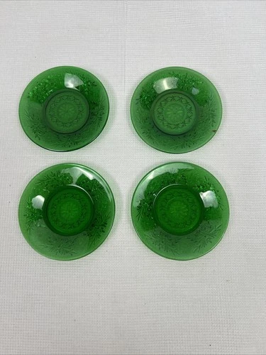 VTG Anchor Hocking Sandwich Glass 4 3/8” Forest Green 4 Saucers/Plates