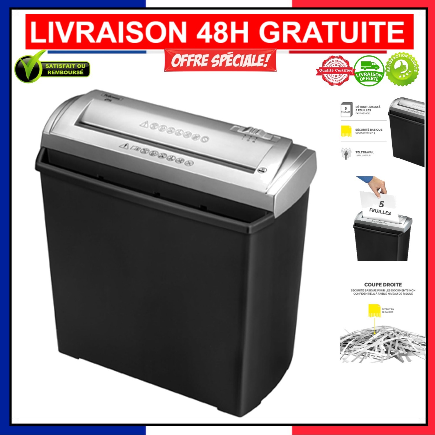 Destructeur de documents Fellowes FS-5S compact 11L noir pour papier confidentiel