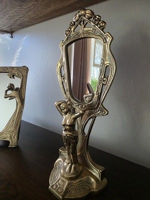 Art Deco cast Brass Mirror Stand with Lady Figurine 11 1/2'' tall Art Nouveau