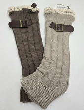 Lot Of 2 Icon Ladies Cable Knit Leg Warmers Lace Buckle Brown Beige NWT