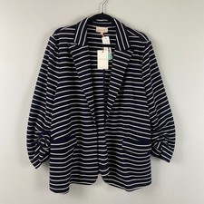 Skies Are Blue Bonnie Knit Blazer Size XL Navy White Stripe Open 3/4 Ruched Slv