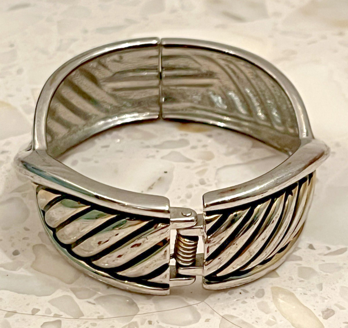 Silver Ribbed Cable Twisted Hinged Cuff Bracelet - image 3