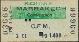 MOROCCO Railway ticket CH4647 2nd cl Marrakech Casablanca 1962