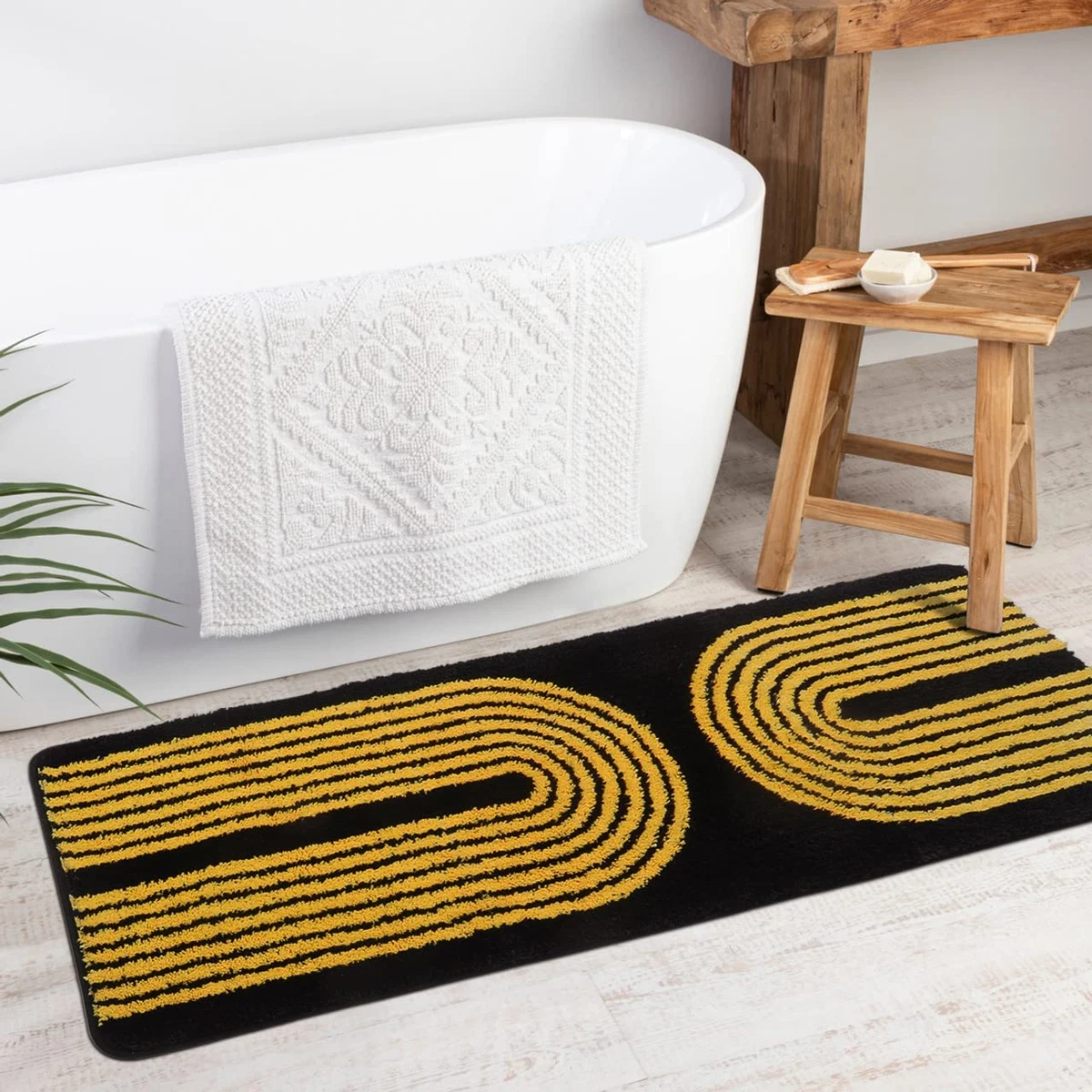 Boho Bathroom Runner Rug Black and Yellow Rainbow Non-Slip Long