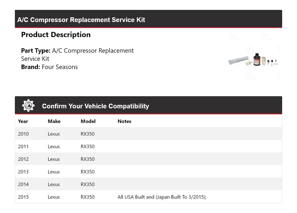 Kit de servicio de reemplazo de compresor de aire acondicionado para Lexus RX350 2010-2015 4 estaciones 2011 Foto 2 de 4