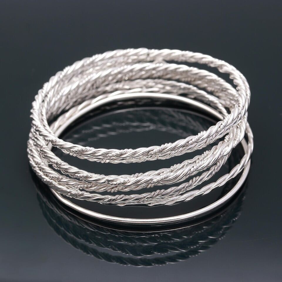 5 Set Of Bangles 925 Sterling Silver Handmade Twisted Women's