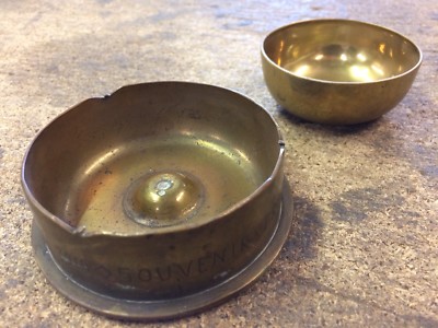 2 WW1 Vintage Messing Grabenkunst Muschelkasten Aschenbecher Frankreich Belgien 1914,21.2.1918