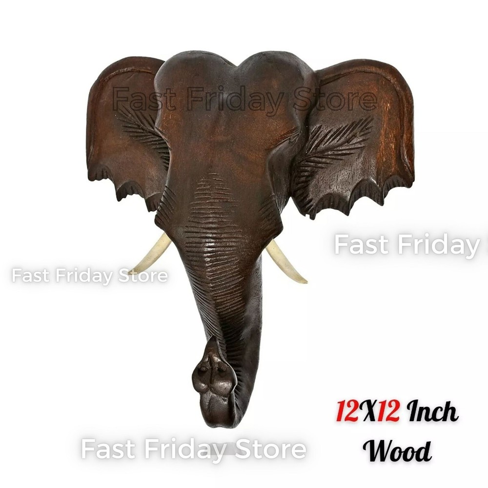 Wooden Elephant Head Bust Sculpture Hand Carved Wall Art Home Office Decor Gift