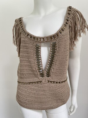 NWT Alberta  Ferretti Fringe Top Knit Beige SZ 6 US $750
