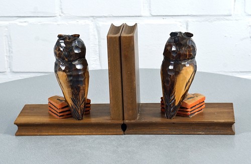 Paar geschnitzte Holz Buchstützen Bookends Eulen Vintage 1960er - 1970er Jahre - Picture 8 of 13