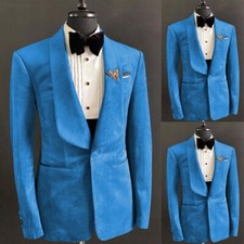 Vintage Blue Velvet Coat for Men Shawl Lapel Tuxedo Tailored Single Breast Suit