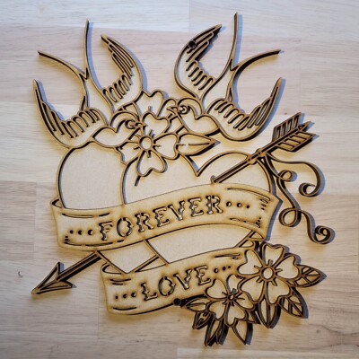 Großes 3D Holz Forever Love Tattoo Dekor Schild Wandbild Türbehang Plakette 6 mm