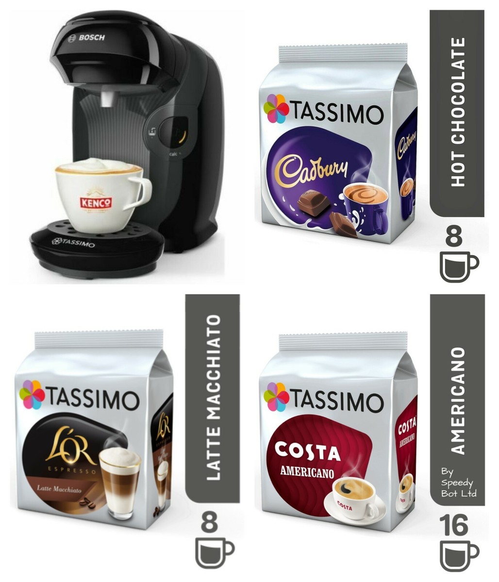 Bosch Tassimo Coffee Machine Gift Bundle (Cadbury Americano Latte 32 Cups  Pack)