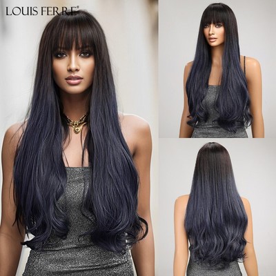 LOUIS FERRE Long Wave Ombre Black Blue Wigs with Bangs  display picture 2