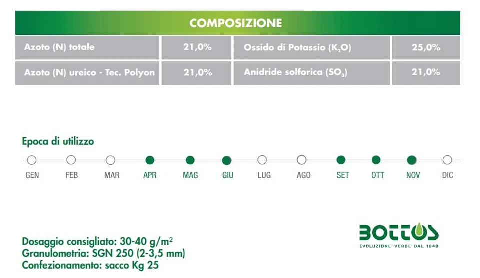 Bottos AUTUMN K, Concime granulare, antistress pre-invernale (25 Kg + guanti) - Immagine 2 di 4