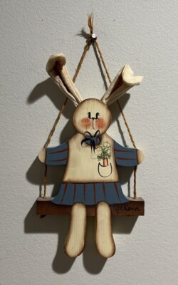 Signed  Jackson  Wooden Hand Painted Bunny Rabbit On Swing Wall Hanging Decor 8 