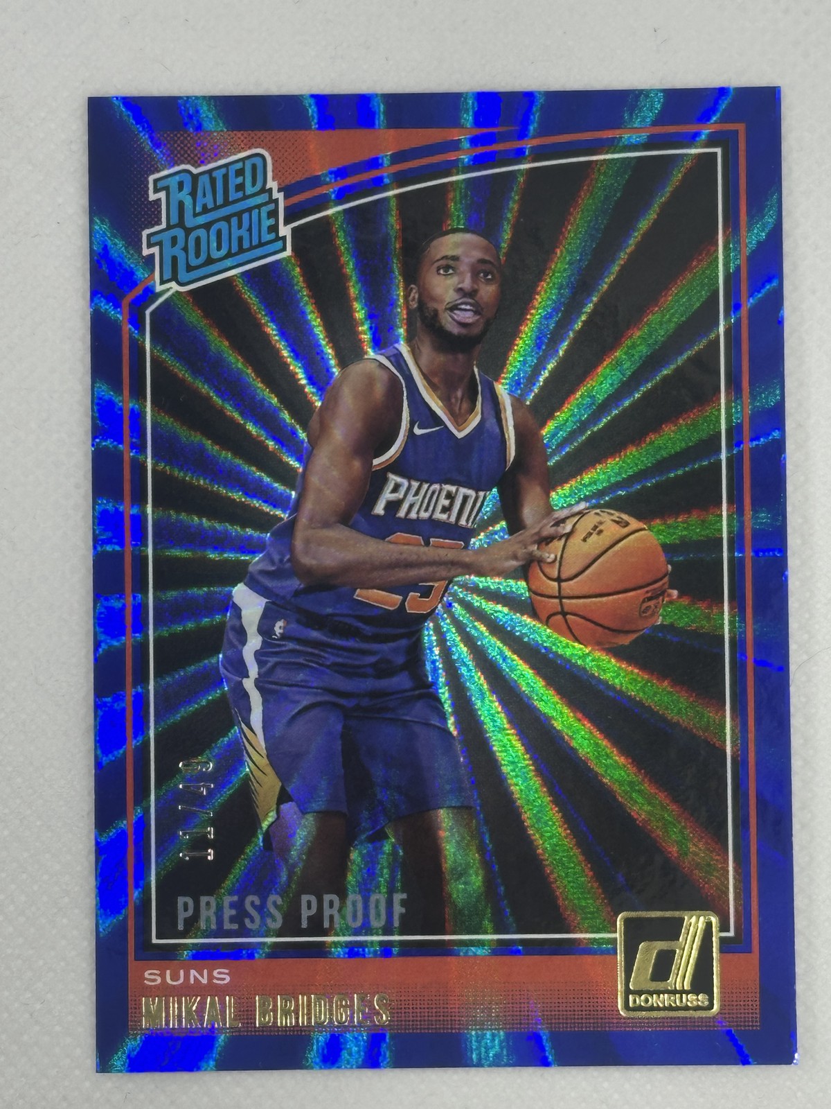 Mikal Bridges 2018-19 Donruss Rated Rookie Blue Laser SSP SP Nets Suns #/49