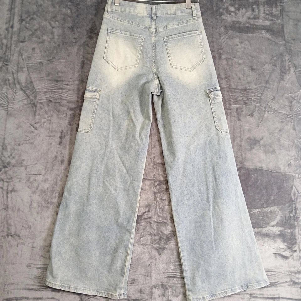 Pantalones de mezclilla YMI para mujer 5/27 azul lavado claro tiro alto pierna ancha carga desgastados PE0550 Foto 2 de 4