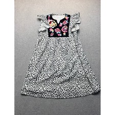 Boho Dalmatian Print Flutter Sleeve Midi Dress Floral Embroidered V-Neck White
