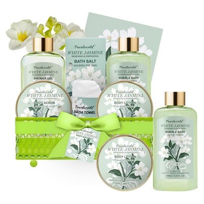 Bath Gift Baskets for Women, 9pc Jasmine Spa Gifts Set for Women, Self Care & Bo